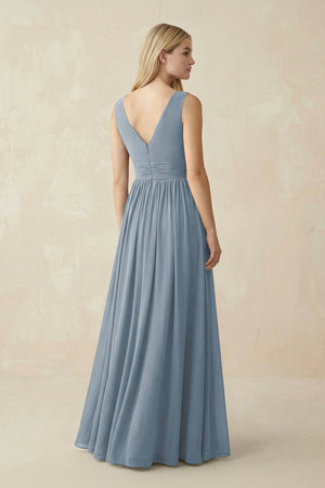 V-Neck Chiffon Pleated A-Line Bridesmaid Dress in Dusty Blue (2) | KISSBRIDAL
