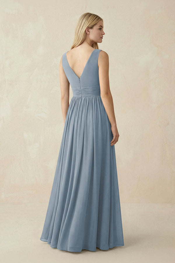 V-Neck Chiffon Pleated A-Line Bridesmaid Dress in Dusty Blue (2) | KISSBRIDAL