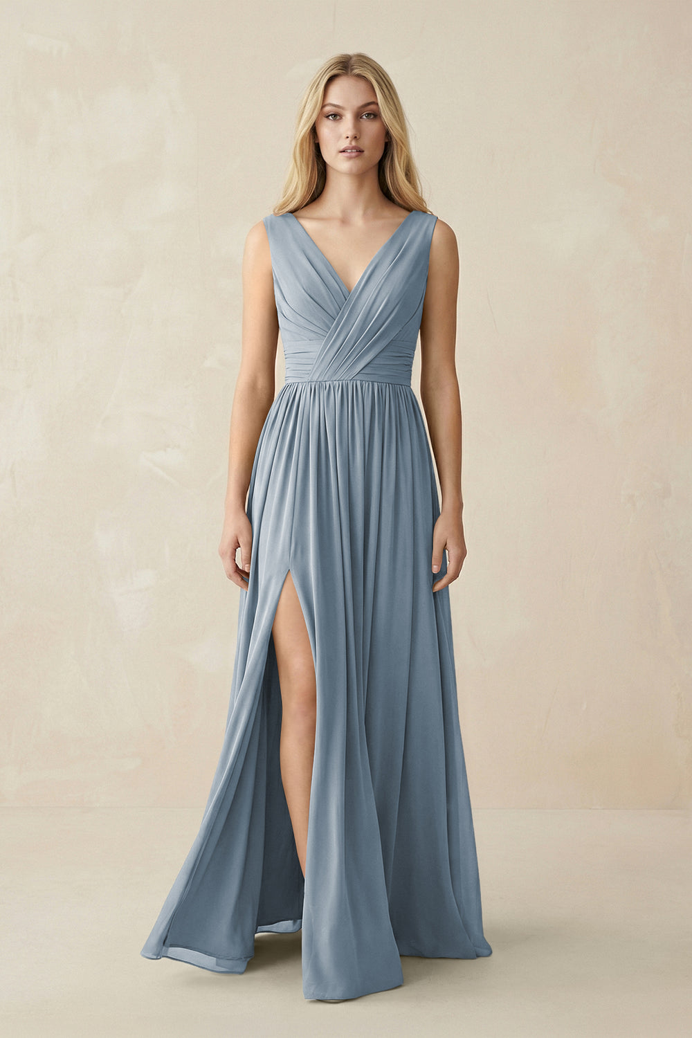 V-Neck Chiffon Pleated A-Line Bridesmaid Dress in Dusty Blue