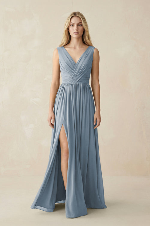 V-Neck Chiffon Pleated A-Line Bridesmaid Dress in Dusty Blue | KISSBRIDAL