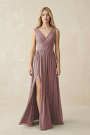 V-Neck Chiffon Pleated A-Line Bridesmaid Dress in Dusty Rose | KISSBRIDAL