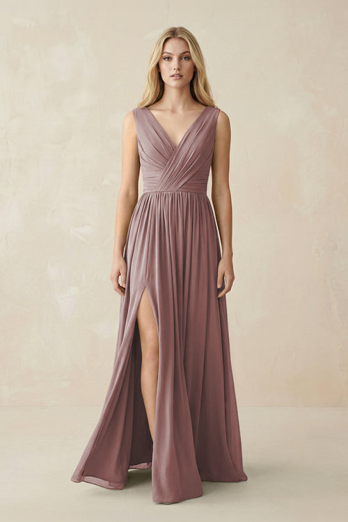 V-Neck Chiffon Pleated A-Line Bridesmaid Dress in Dusty Rose | KISSBRIDAL
