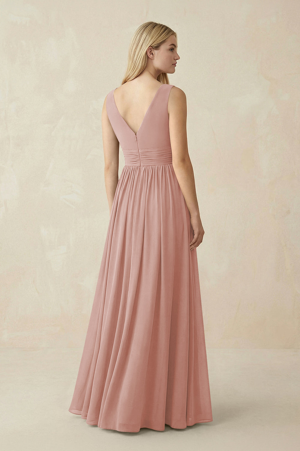 V-Neck Chiffon Pleated A-Line Bridesmaid Dress in English Rose