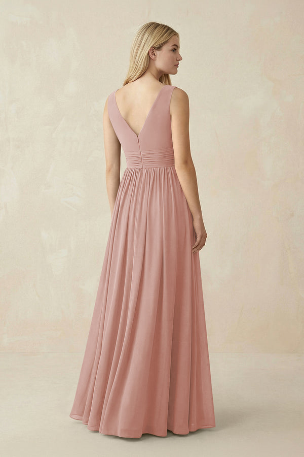 V-Neck Chiffon Pleated A-Line Bridesmaid Dress in English Rose (2) | KISSBRIDAL