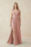 V-Neck Chiffon Pleated A-Line Bridesmaid Dress in English Rose | KISSBRIDAL
