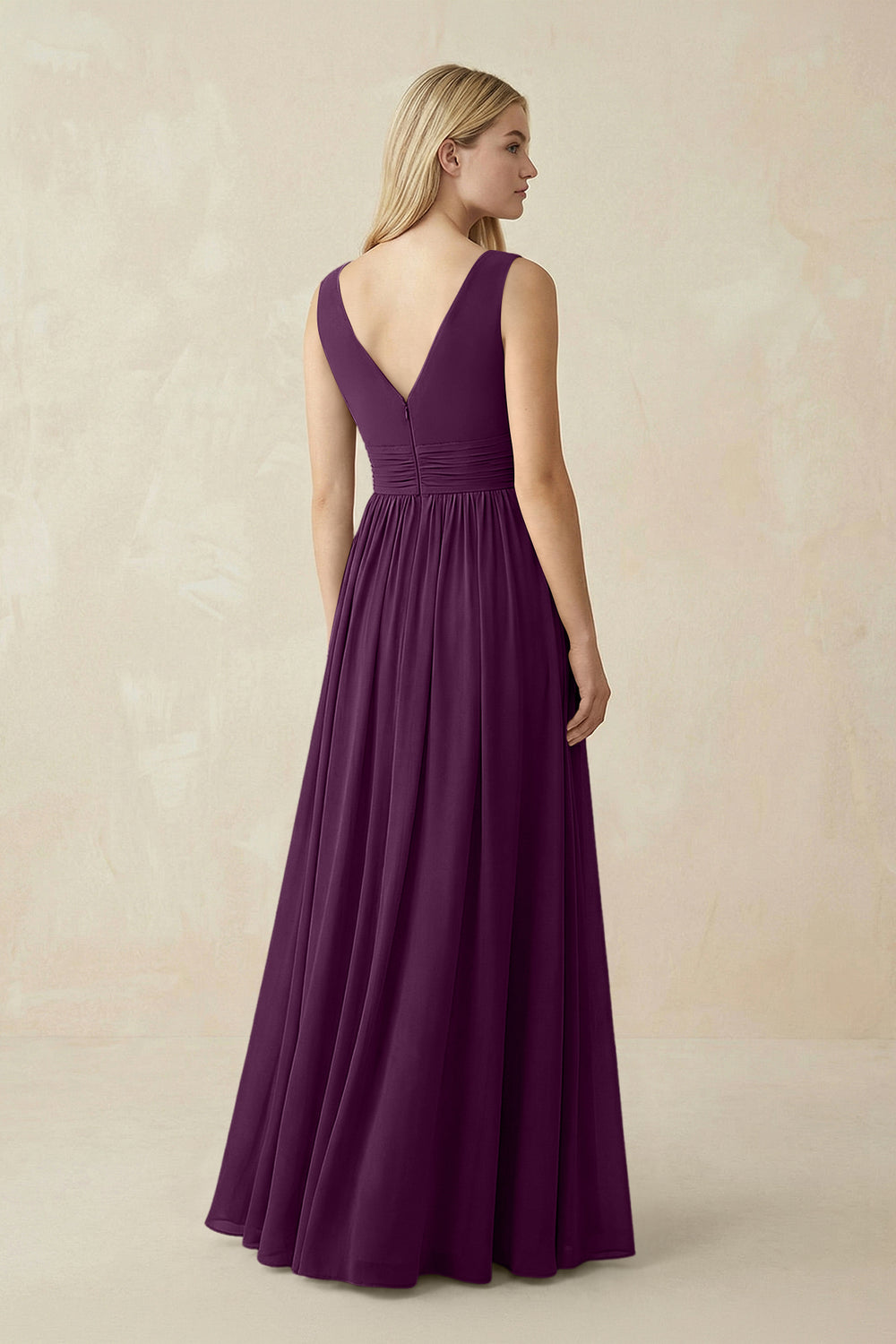 V-Neck Chiffon Pleated A-Line Bridesmaid Dress in Fig