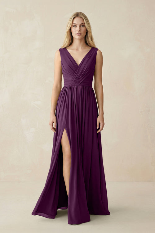 V-Neck Chiffon Pleated A-Line Bridesmaid Dress in Fig | KISSBRIDAL