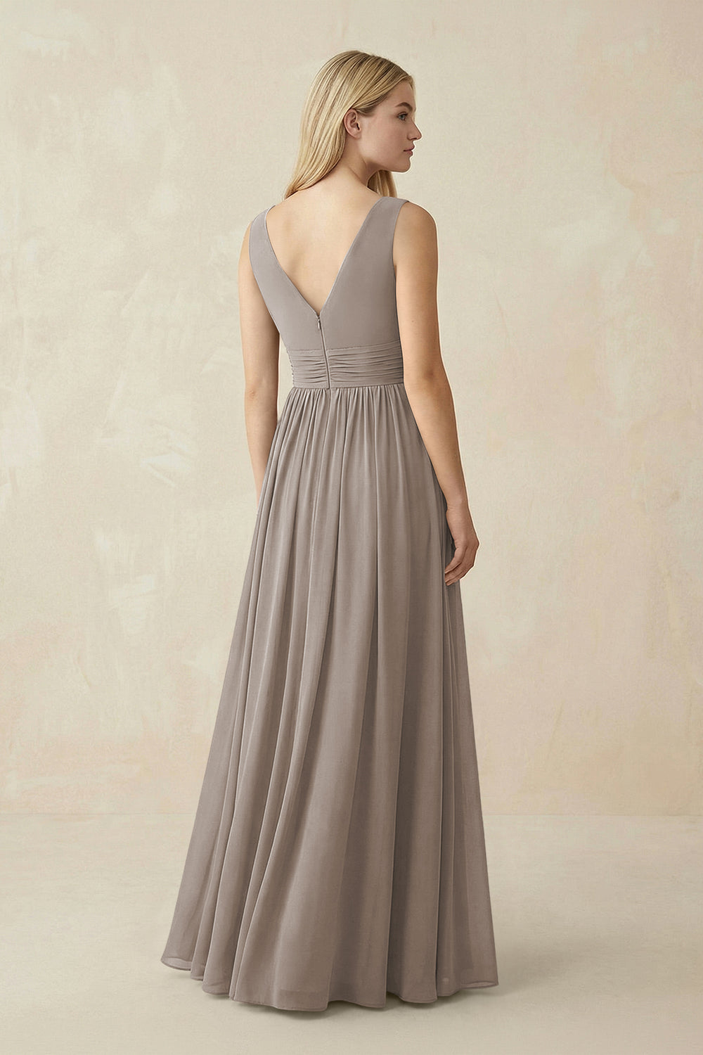 V-Neck Chiffon Pleated A-Line Bridesmaid Dress in Frost