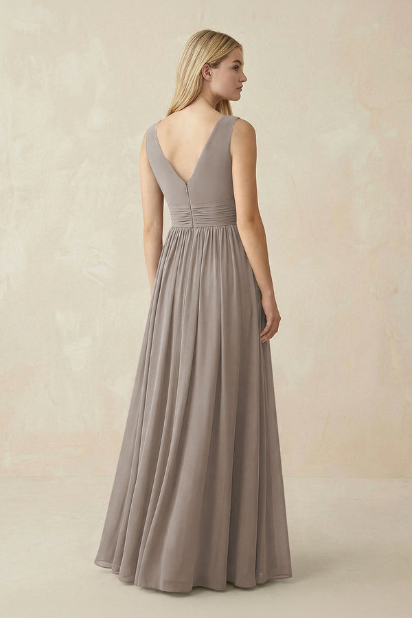 V-Neck Chiffon Pleated A-Line Bridesmaid Dress in Frost (2) | KISSBRIDAL
