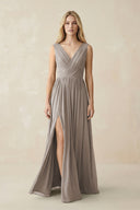 V-Neck Chiffon Pleated A-Line Bridesmaid Dress in Frost | KISSBRIDAL
