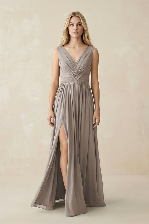 V-Neck Chiffon Pleated A-Line Bridesmaid Dress in Frost | KISSBRIDAL
