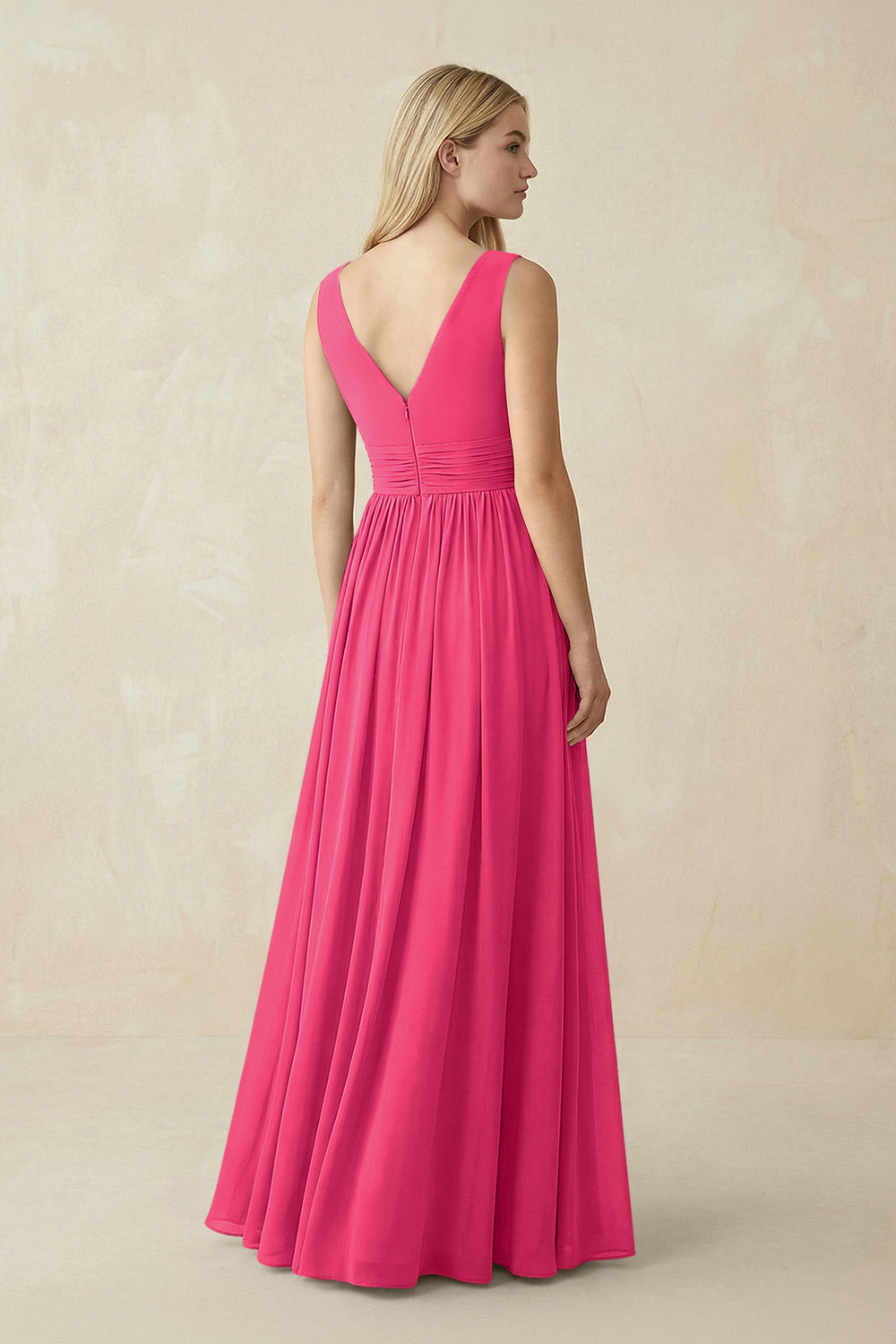 V-Neck Chiffon Pleated A-Line Bridesmaid Dress in Fuchsia