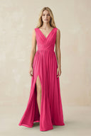 V-Neck Chiffon Pleated A-Line Bridesmaid Dress in Fuchsia | KISSBRIDAL