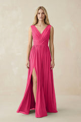 V-Neck Chiffon Pleated A-Line Bridesmaid Dress in Fuchsia | KISSBRIDAL