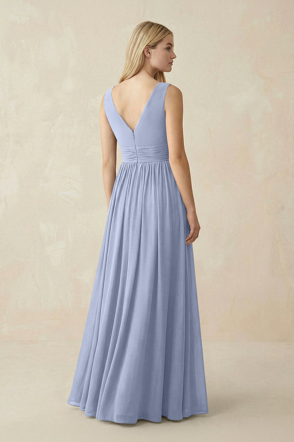 V-Neck Chiffon Pleated A-Line Bridesmaid Dress in Ice (2) | KISSBRIDAL