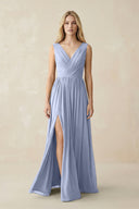 V-Neck Chiffon Pleated A-Line Bridesmaid Dress in Ice | KISSBRIDAL