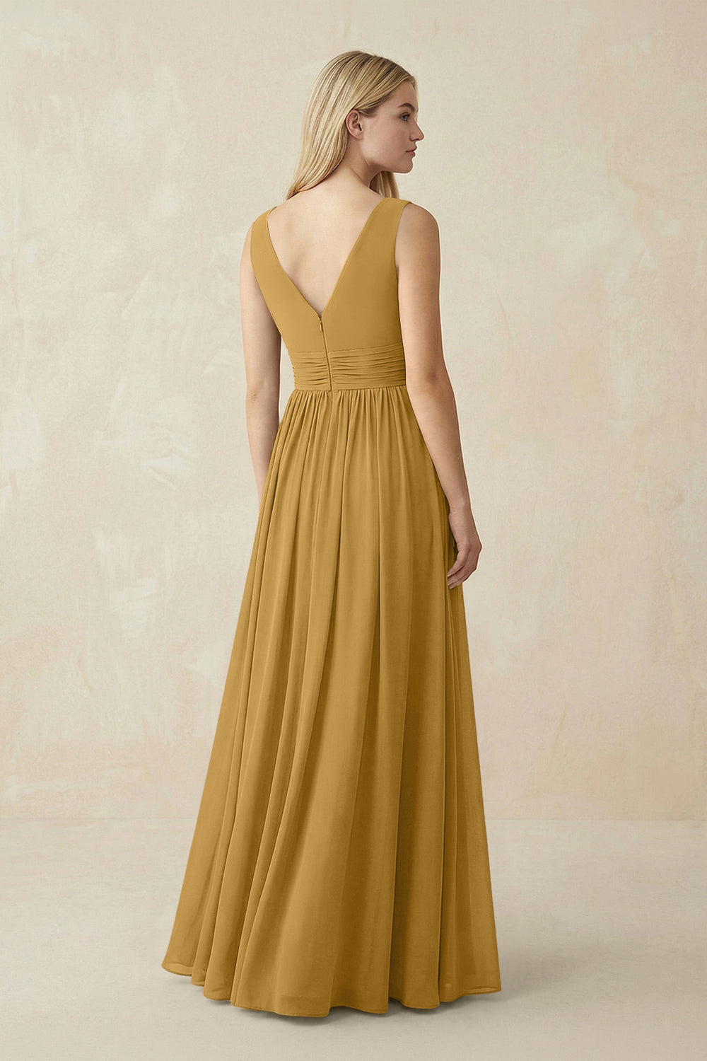V-Neck Chiffon Pleated A-Line Bridesmaid Dress in Marigold