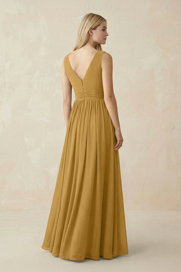 V-Neck Chiffon Pleated A-Line Bridesmaid Dress in Marigold (2) | KISSBRIDAL