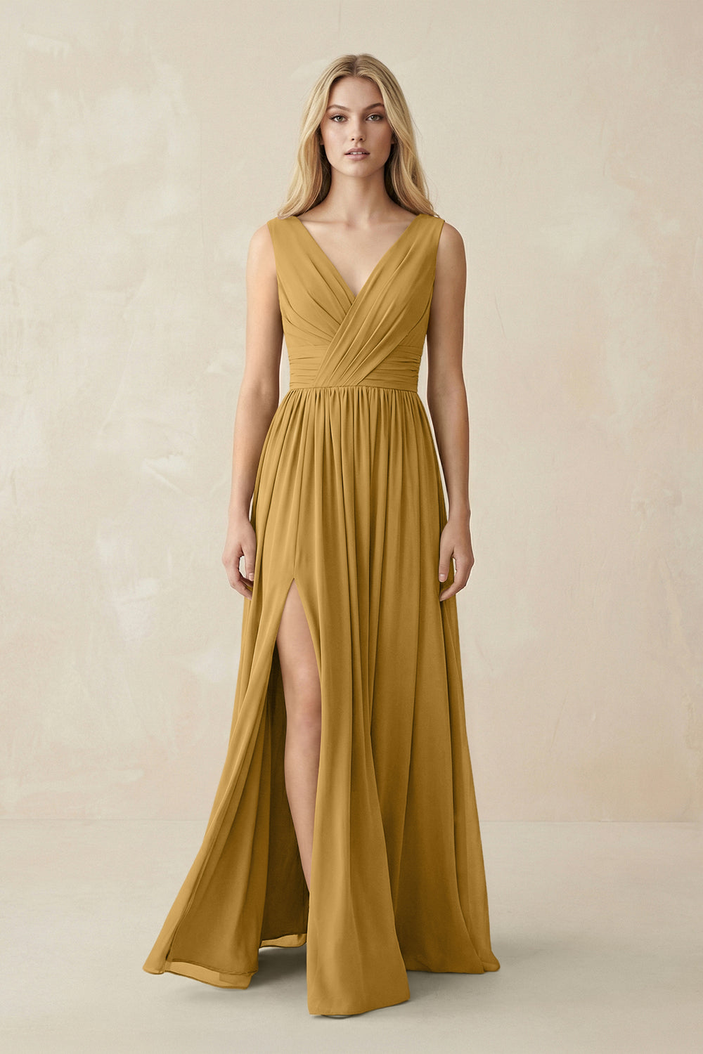 V-Neck Chiffon Pleated A-Line Bridesmaid Dress in Marigold