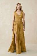 V-Neck Chiffon Pleated A-Line Bridesmaid Dress in Marigold | KISSBRIDAL