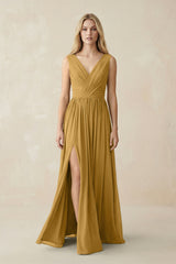V-Neck Chiffon Pleated A-Line Bridesmaid Dress in Marigold | KISSBRIDAL