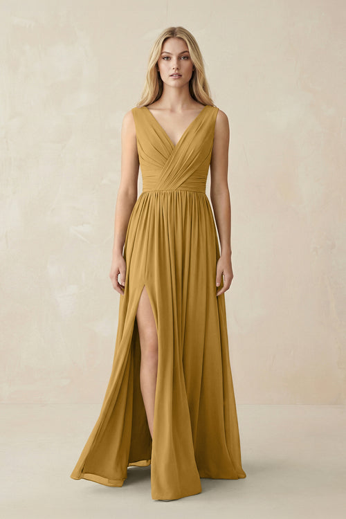 V-Neck Chiffon Pleated A-Line Bridesmaid Dress in Marigold | KISSBRIDAL