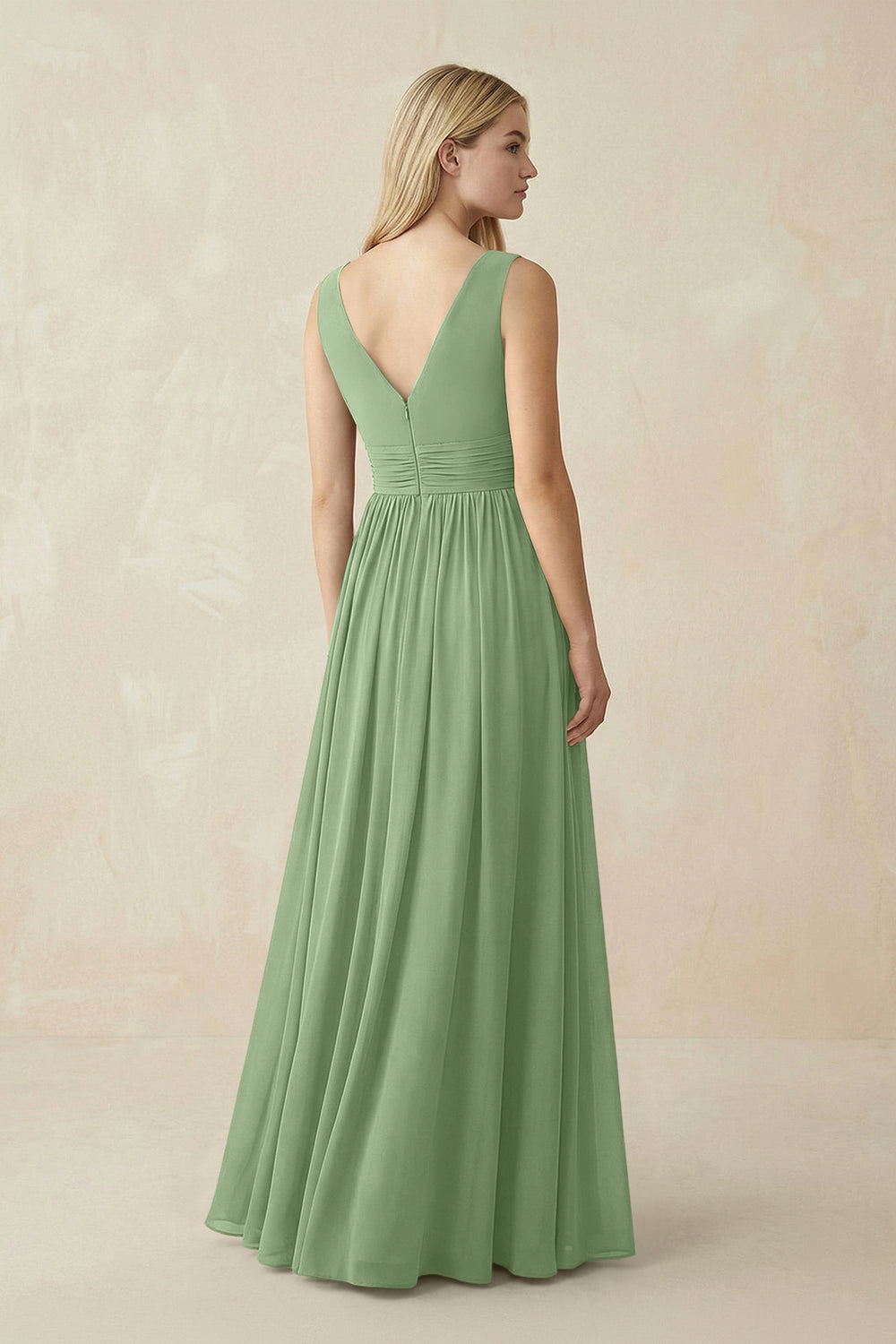 V-Neck Chiffon Pleated A-Line Bridesmaid Dress in Matcha