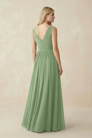 V-Neck Chiffon Pleated A-Line Bridesmaid Dress in Matcha (2) | KISSBRIDAL