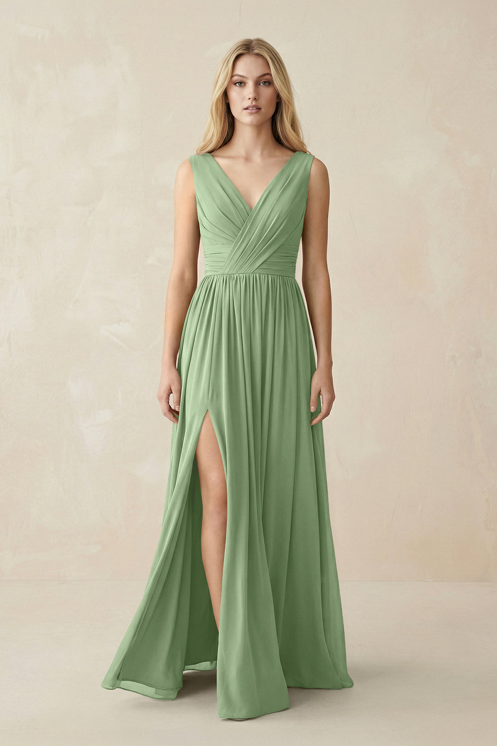 V-Neck Chiffon Pleated A-Line Bridesmaid Dress in Matcha