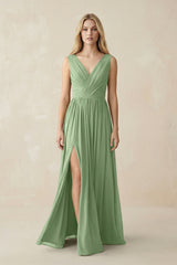 V-Neck Chiffon Pleated A-Line Bridesmaid Dress in Matcha | KISSBRIDAL