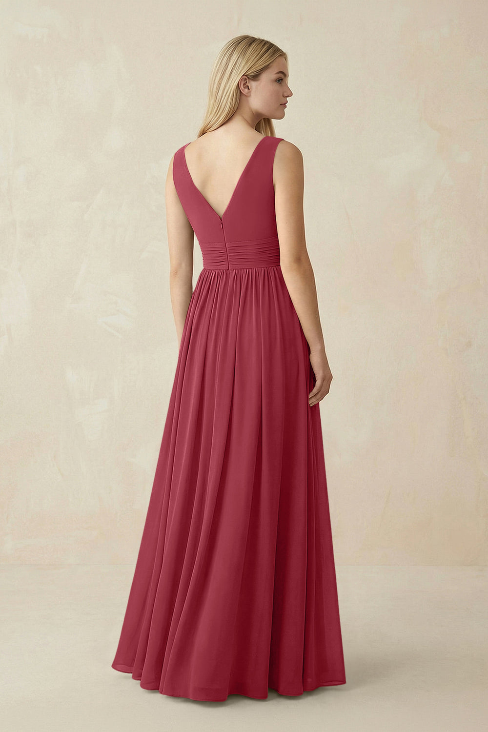 V-Neck Chiffon Pleated A-Line Bridesmaid Dress in Merlot