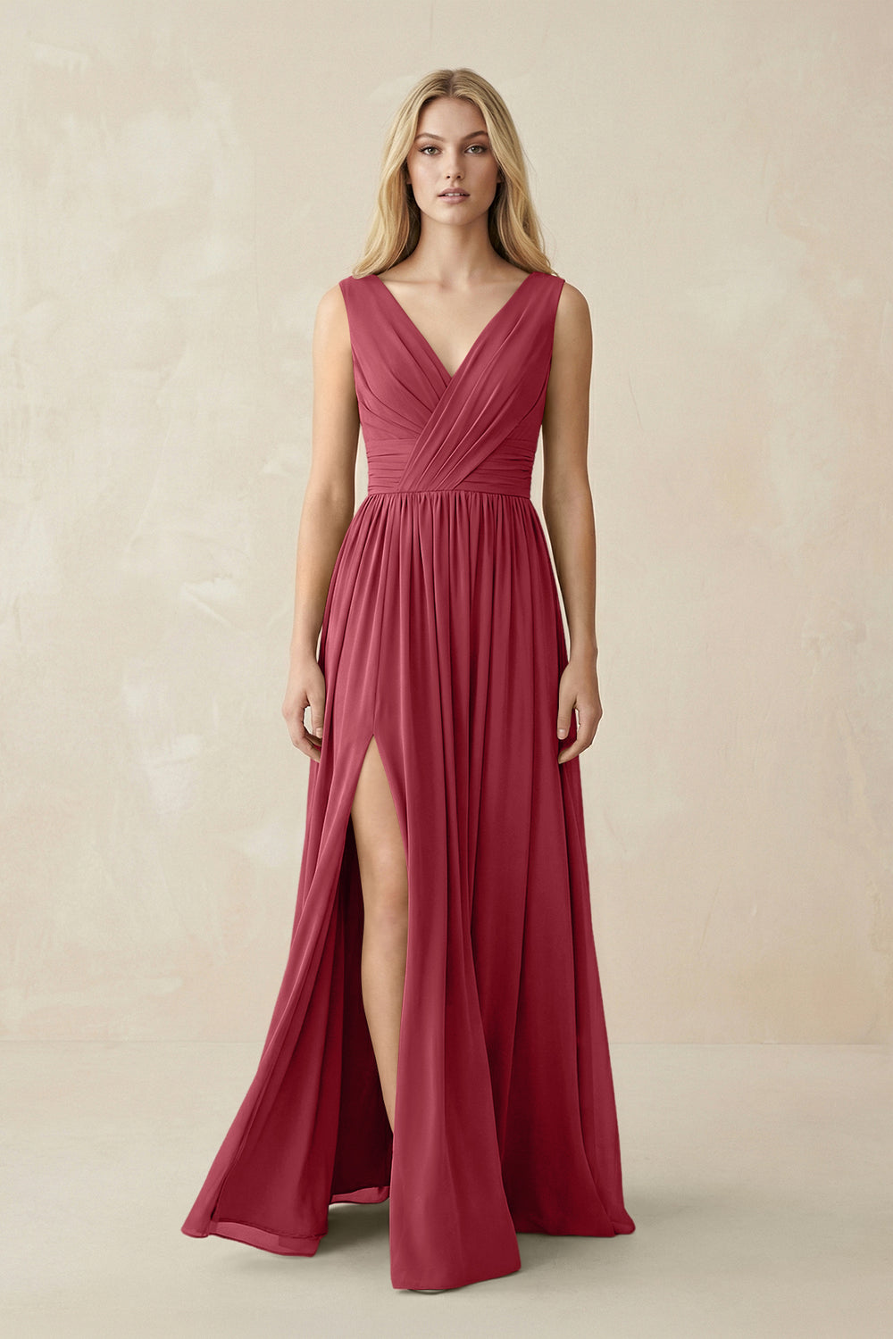 V-Neck Chiffon Pleated A-Line Bridesmaid Dress in Merlot