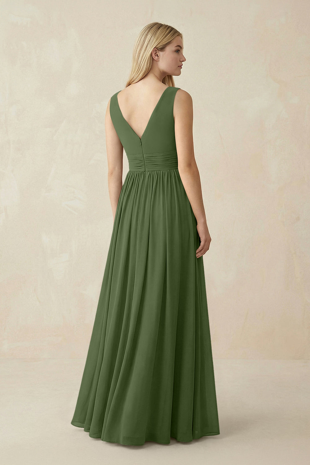 V-Neck Chiffon Pleated A-Line Bridesmaid Dress in Moss