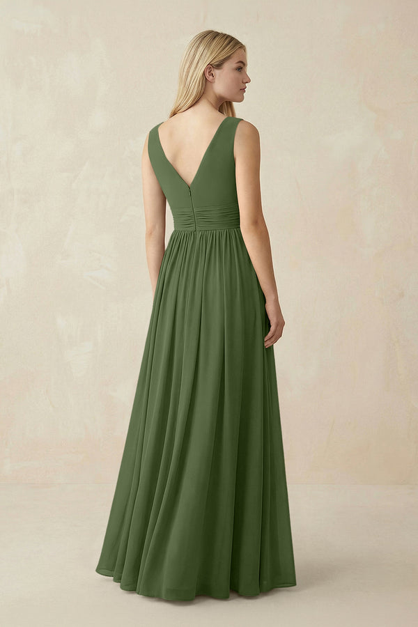 V-Neck Chiffon Pleated A-Line Bridesmaid Dress in Moss (2) | KISSBRIDAL