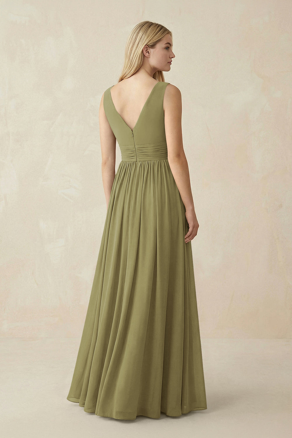 V-Neck Chiffon Pleated A-Line Bridesmaid Dress in Moss Green