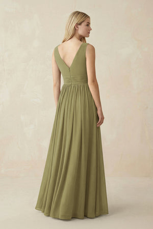 V-Neck Chiffon Pleated A-Line Bridesmaid Dress in Moss Green (2) | KISSBRIDAL