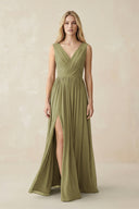 V-Neck Chiffon Pleated A-Line Bridesmaid Dress in Moss Green | KISSBRIDAL