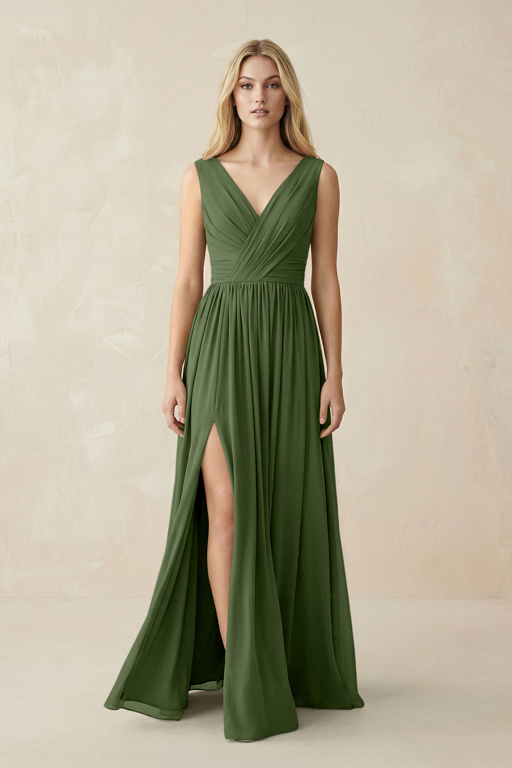 V-Neck Chiffon Pleated A-Line Bridesmaid Dress in Moss