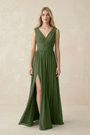 V-Neck Chiffon Pleated A-Line Bridesmaid Dress in Moss | KISSBRIDAL