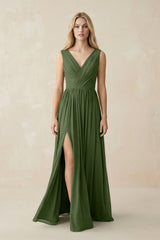 V-Neck Chiffon Pleated A-Line Bridesmaid Dress in Moss | KISSBRIDAL