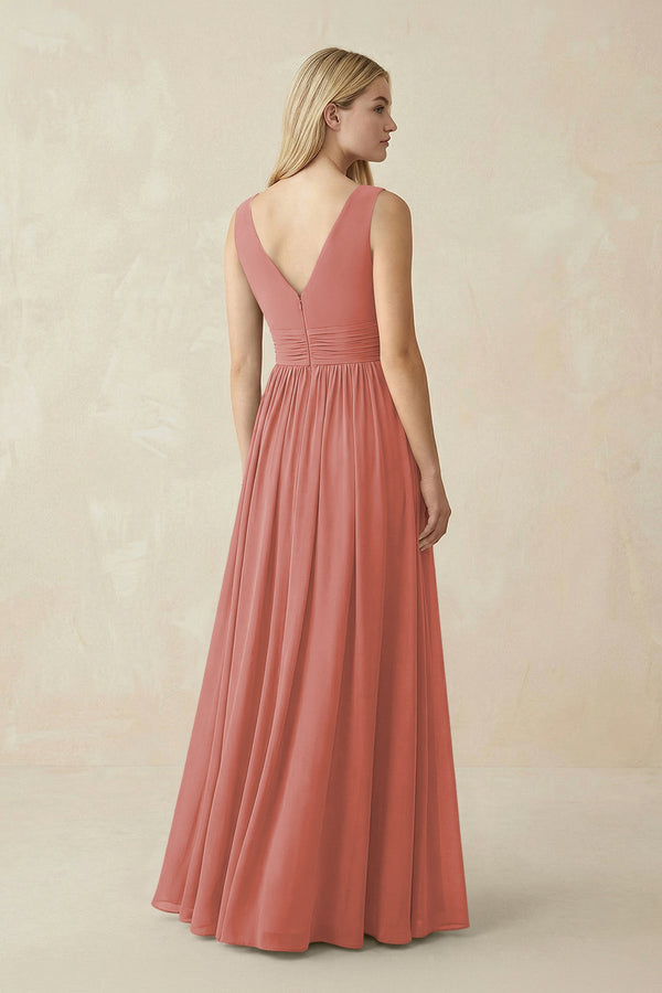 V-Neck Chiffon Pleated A-Line Bridesmaid Dress in Mulberry (2) | KISSBRIDAL