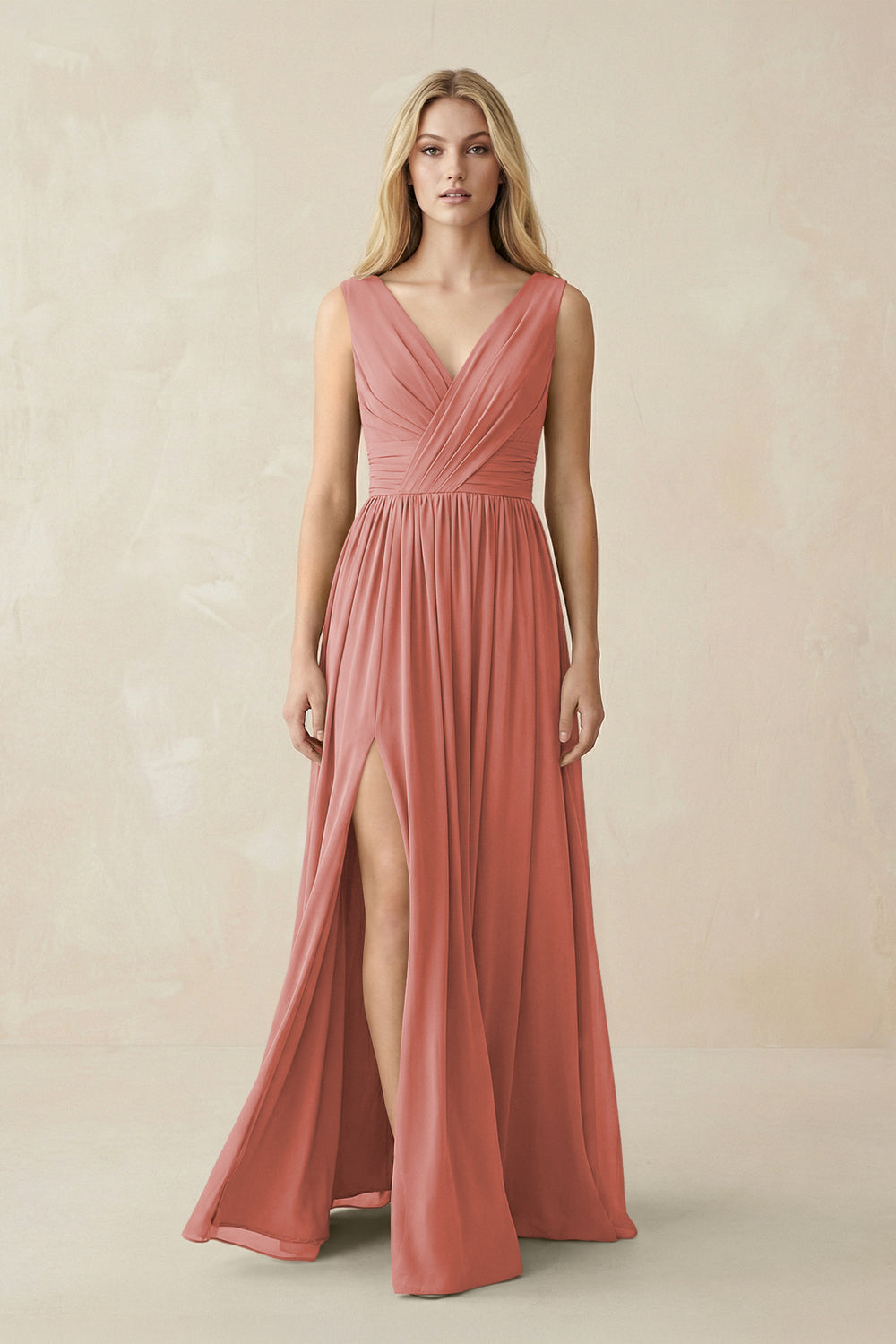 V-Neck Chiffon Pleated A-Line Bridesmaid Dress in Mulberry