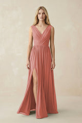 V-Neck Chiffon Pleated A-Line Bridesmaid Dress in Mulberry | KISSBRIDAL
