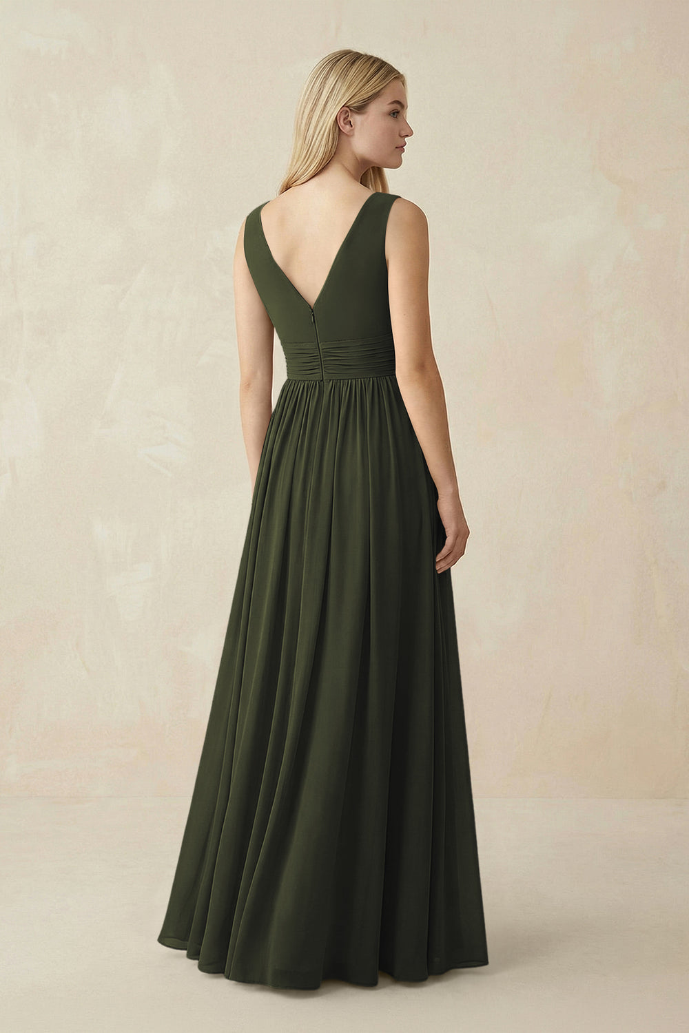 V-Neck Chiffon Pleated A-Line Bridesmaid Dress in Olive