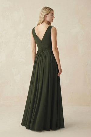 V-Neck Chiffon Pleated A-Line Bridesmaid Dress in Olive (2) | KISSBRIDAL