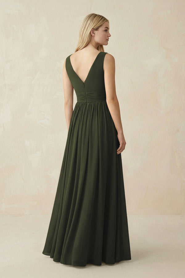 V-Neck Chiffon Pleated A-Line Bridesmaid Dress in Olive (2) | KISSBRIDAL