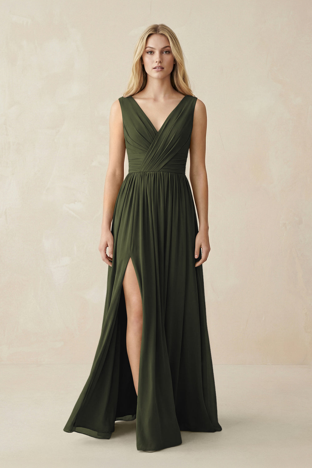 V-Neck Chiffon Pleated A-Line Bridesmaid Dress in Olive
