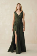 V-Neck Chiffon Pleated A-Line Bridesmaid Dress in Olive | KISSBRIDAL