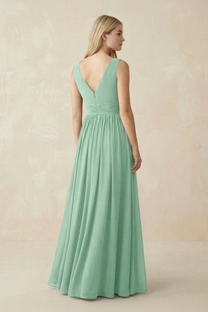 V-Neck Chiffon Pleated A-Line Bridesmaid Dress in Pale Pistachio (2) | KISSBRIDAL