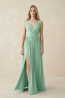 V-Neck Chiffon Pleated A-Line Bridesmaid Dress in Pale Pistachio | KISSBRIDAL